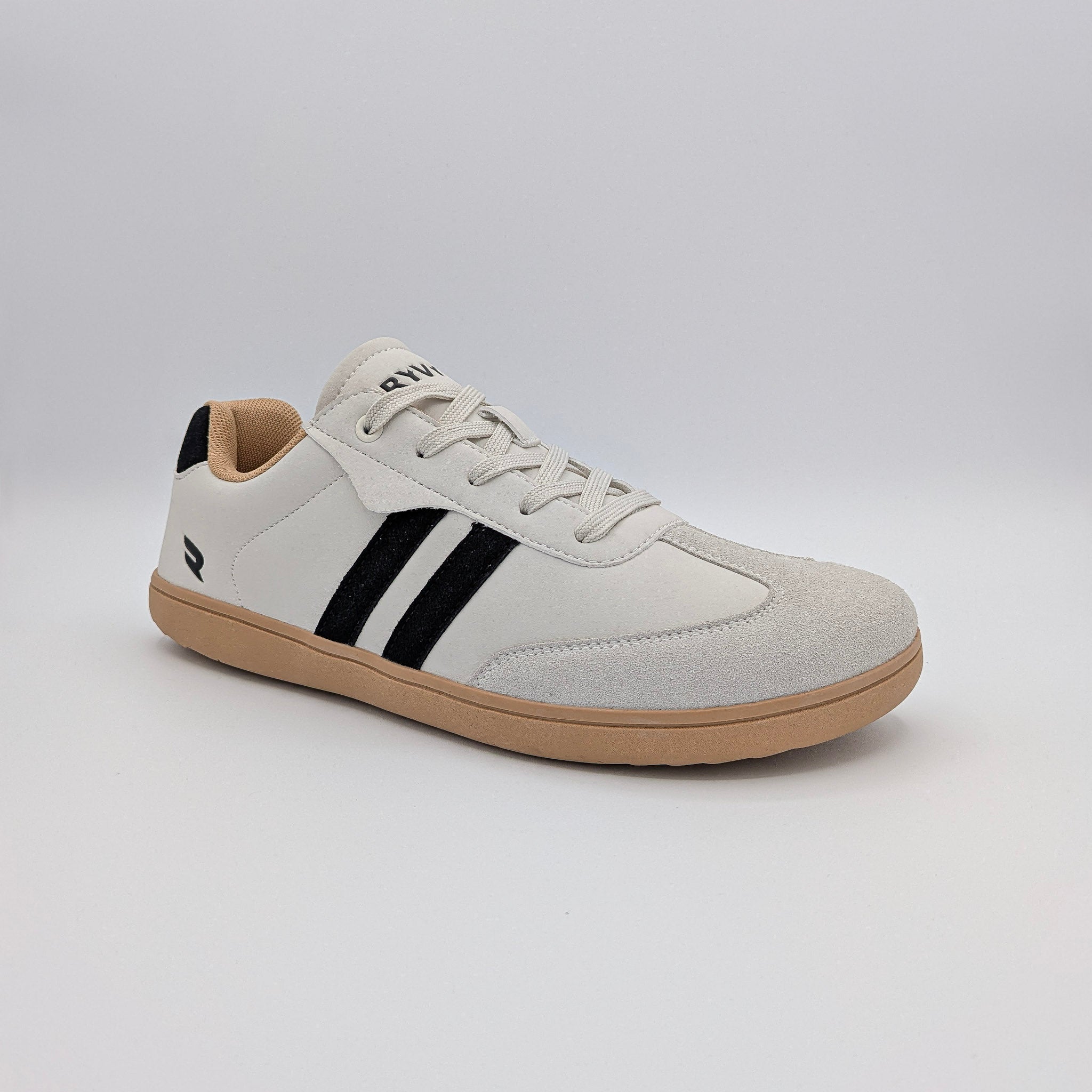 RYVYN ARC minimalist footwear in Off White Black angled view