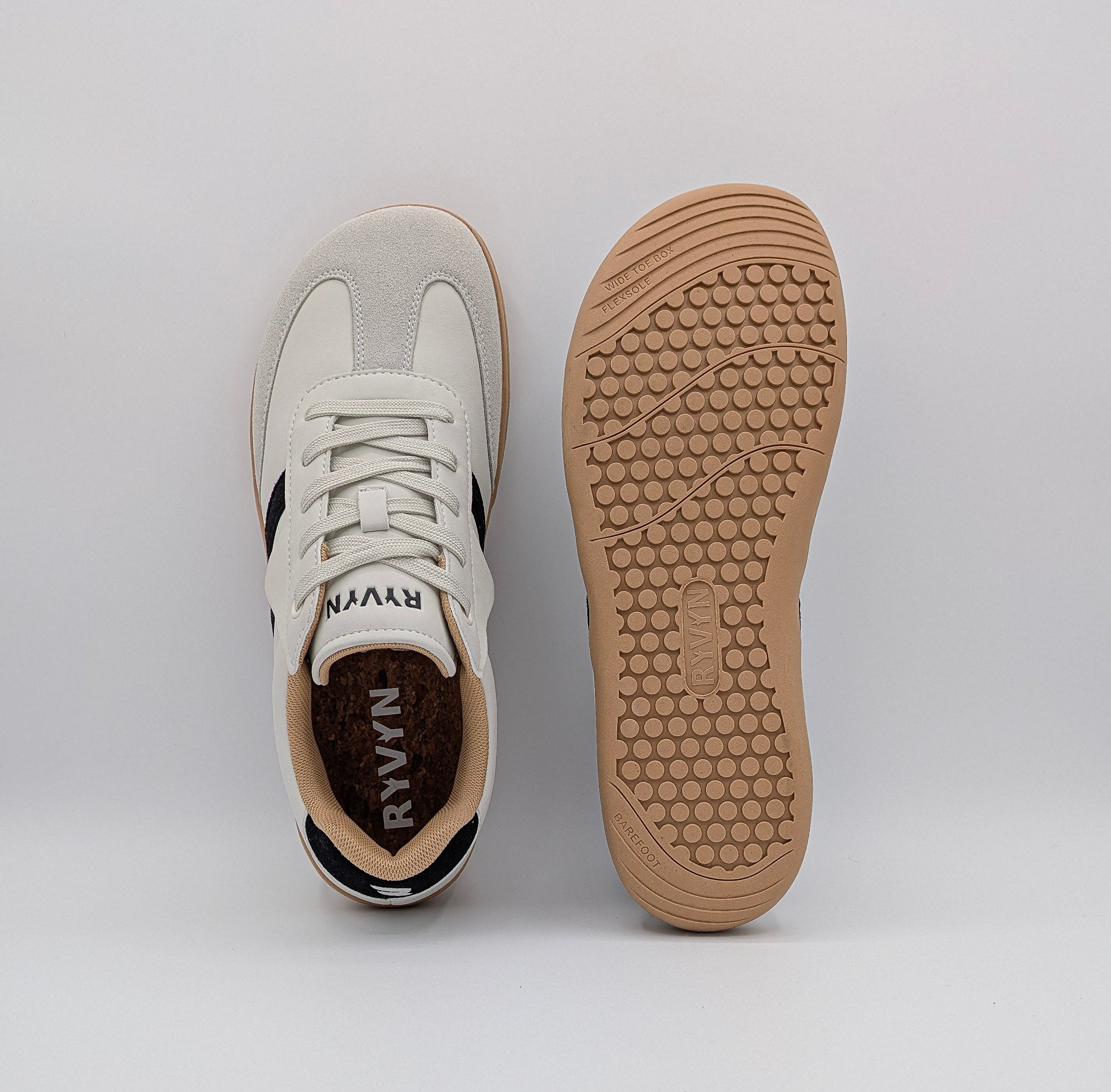 RYVYN ARC minimalist footwear in Off White Black top and outsole view