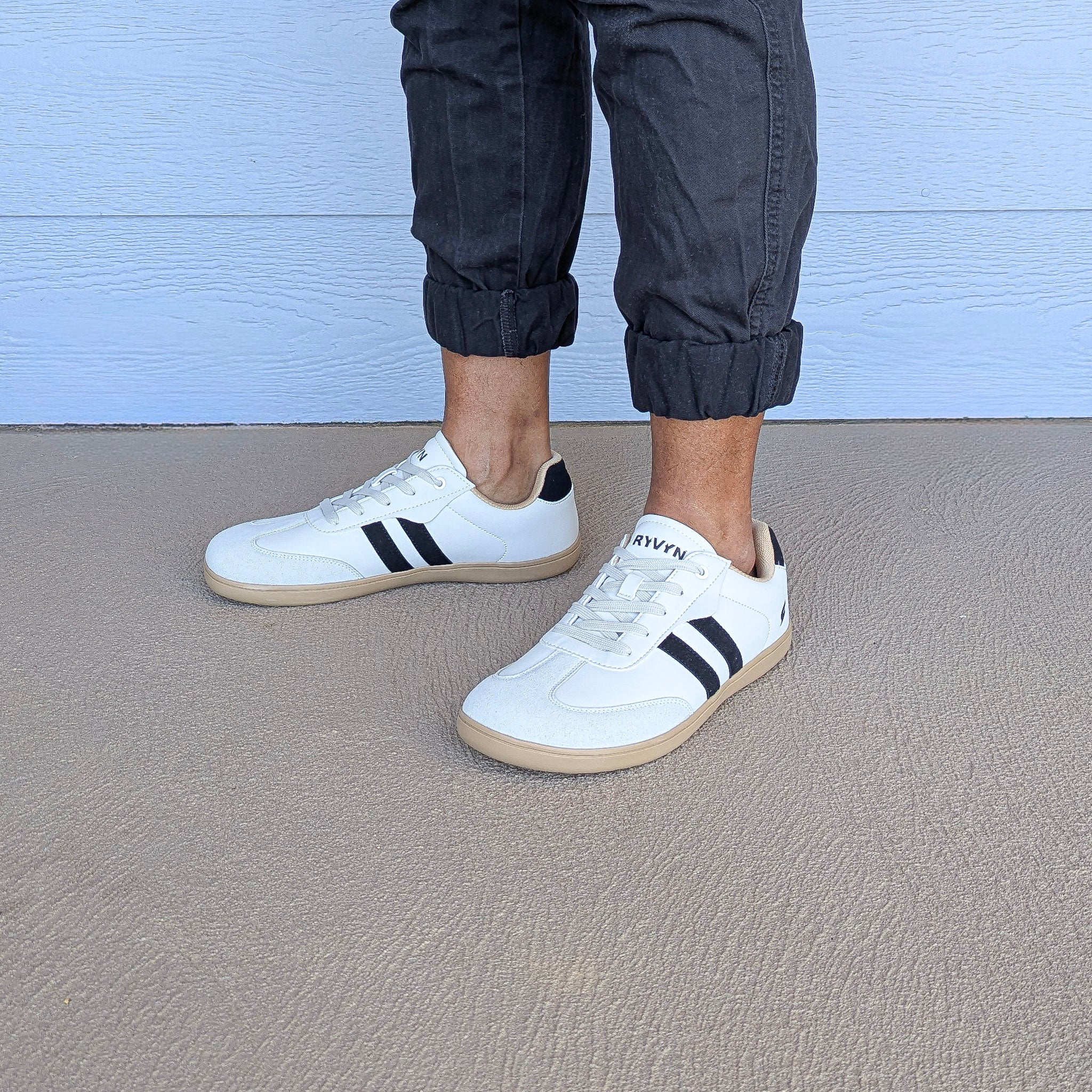 RYVYN ARC minimalist footwear in Off White Black worn lifestyle view