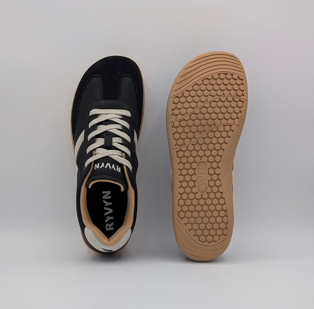 RYVYN INK minimalist footwear in Black Off White top and outsole view