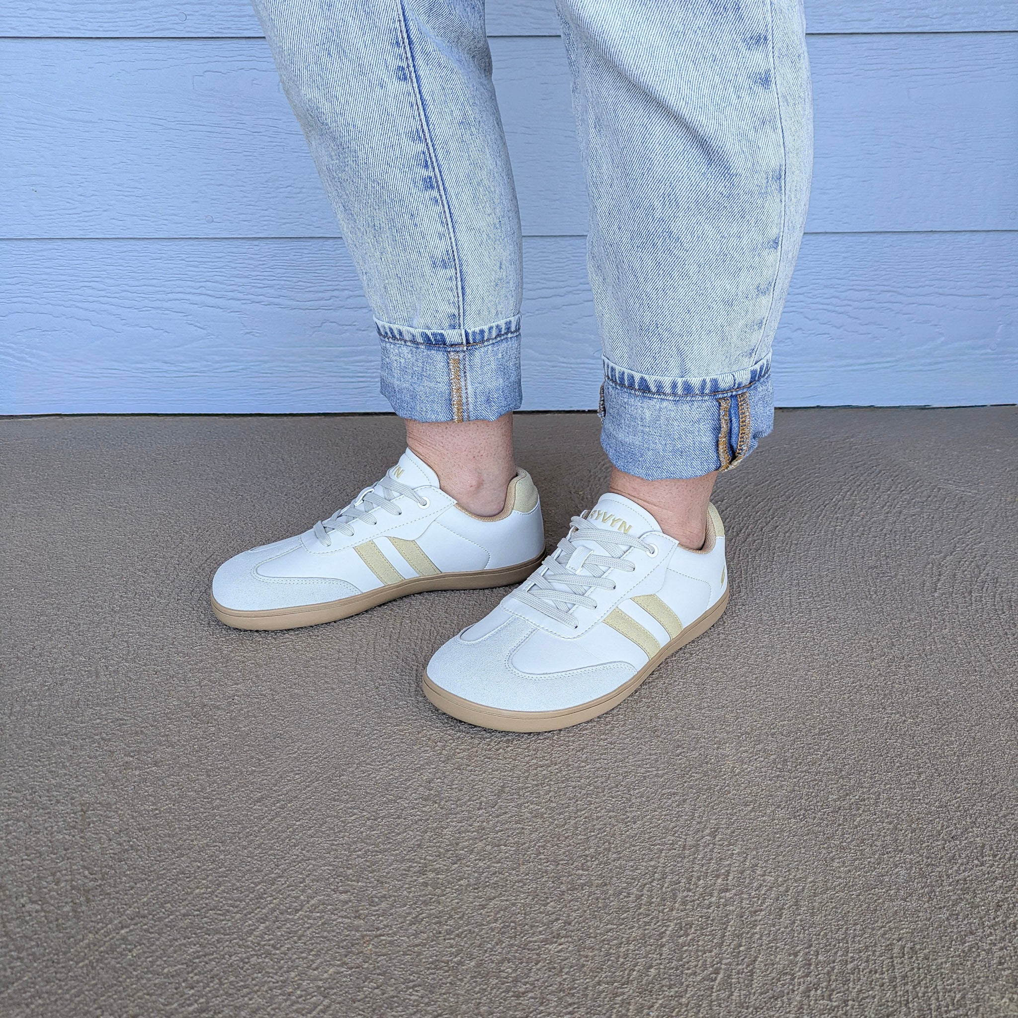 RYVYN SOL minimalist footwear in Off White Beige worn lifestyle view