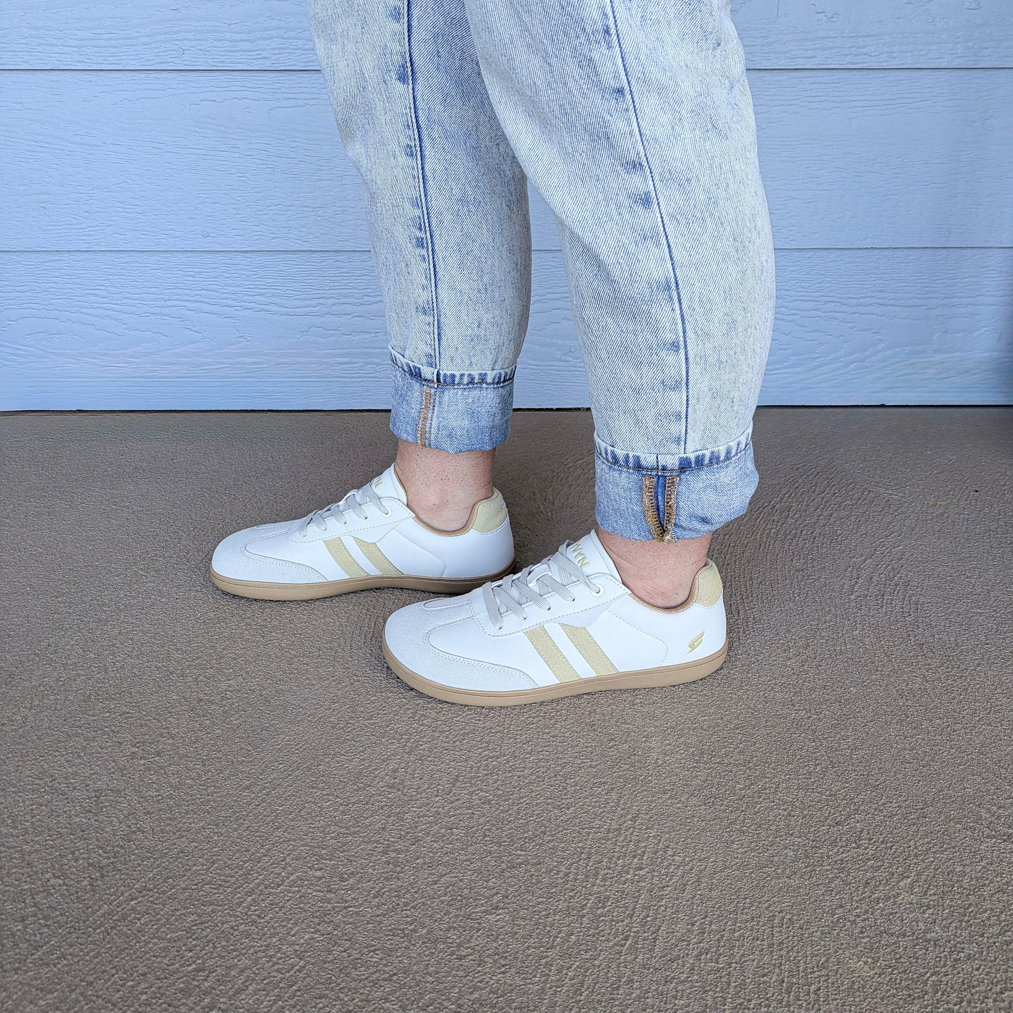 RYVYN SOL minimalist footwear in Off White Beige worn side view
