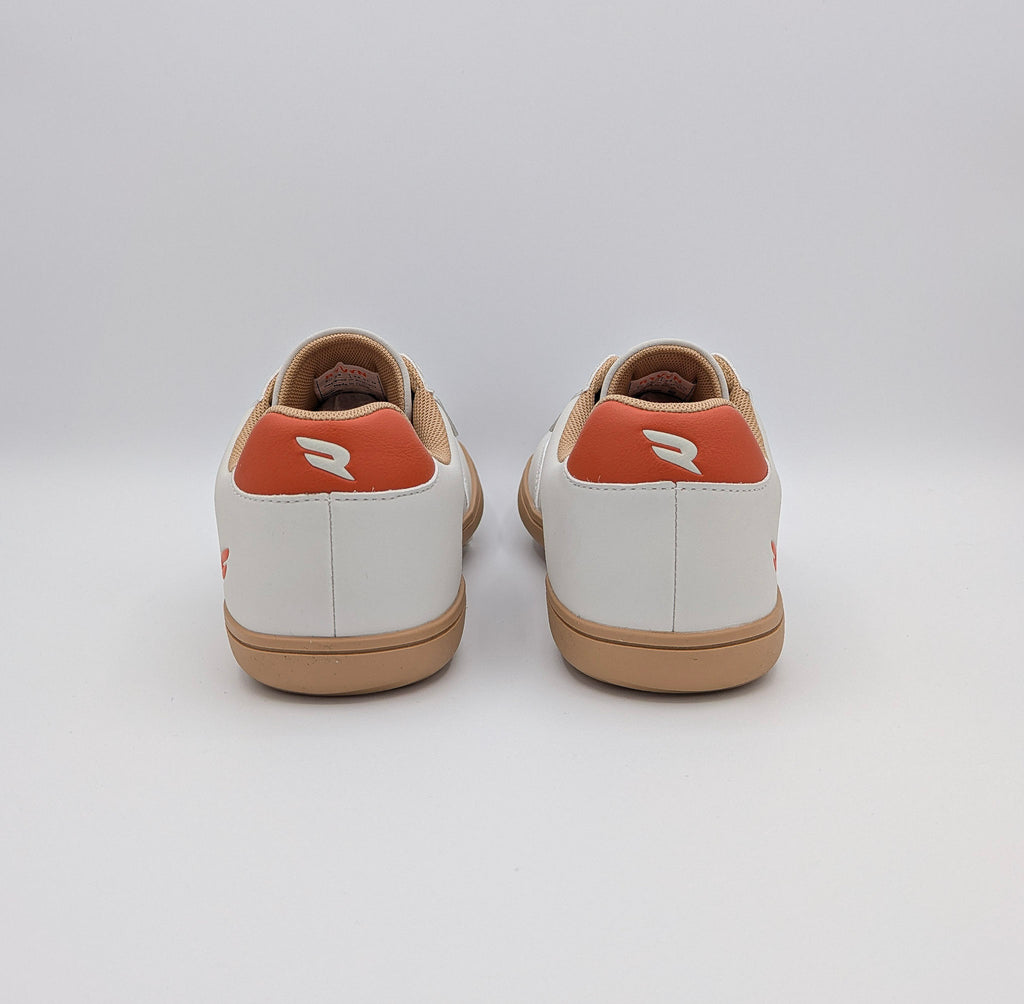 RYVYN VUE minimalist footwear in Off White Burnt Orange heel view