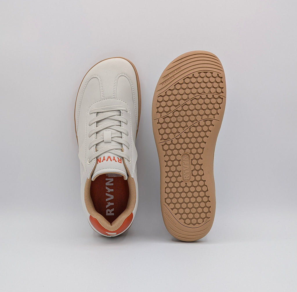 RYVYN VUE minimalist footwear in Off White Burnt Orange top and outsole view