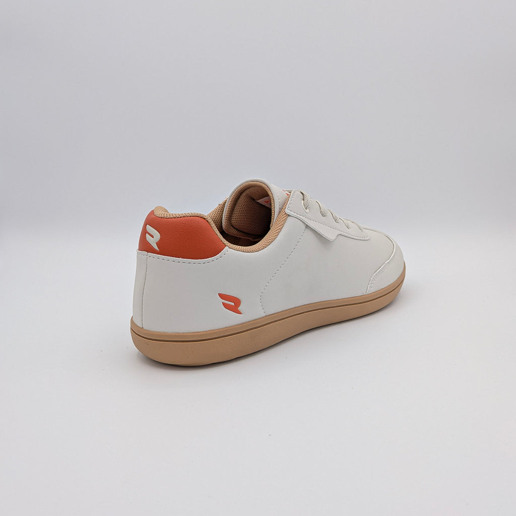 RYVYN VUE minimalist footwear in Off White Burnt Orange heel angled view