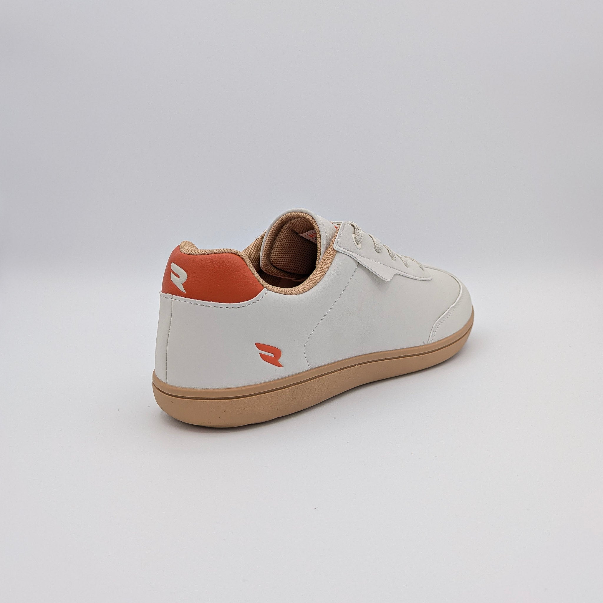 RYVYN VUE minimalist footwear in Off White Burnt Orange heel angled view