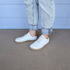 RYVYN VUE minimalist footwear in Off White Burnt Orange worn lifestyle view